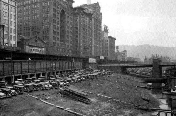 The Allegheny
 Wharf in the 1920s, a big parking lot