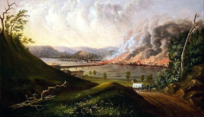 Pittsburgh in flames - April 10, 1845. The
Monongahela Bridge was completely destroyed.