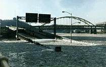 Fort Duquesne Boulevard under water and ice - January 1996