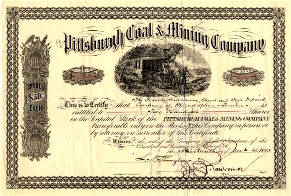 Pittsburgh Coal Company Stock Certificate.