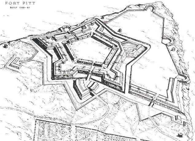 Fort Pitt in 1764 after the
construction of Colonel Bouquet's reboubts.