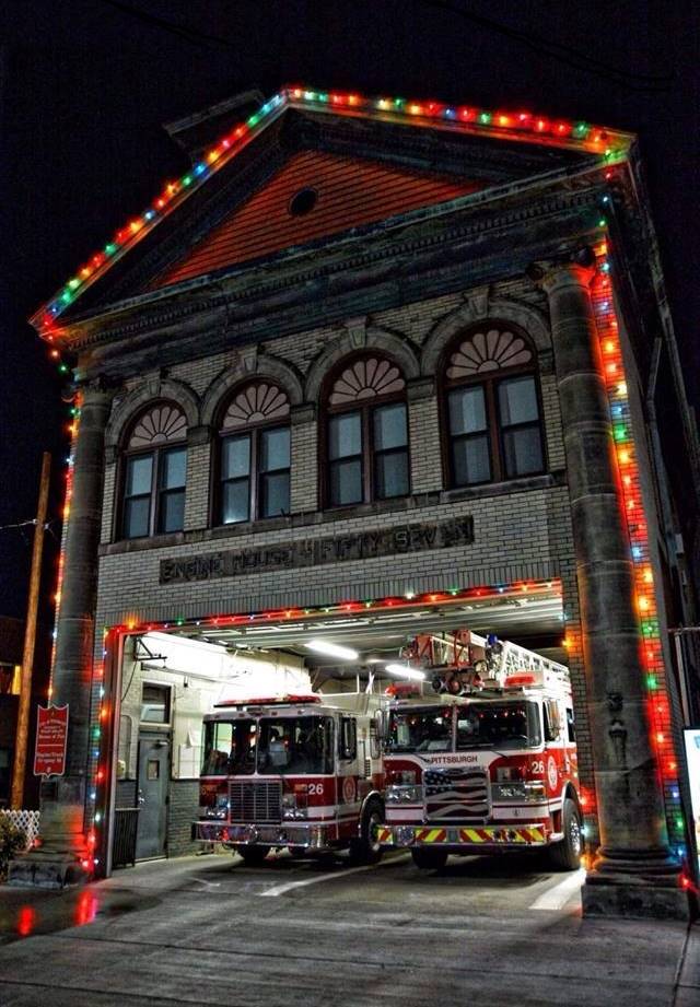 Brookline's firehouse with Christmas Lights