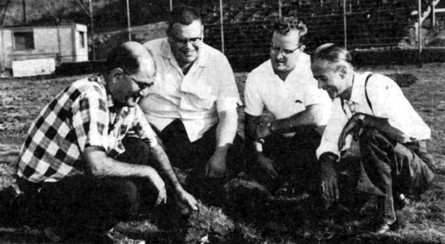 Sam Bryen and friends
 check new sod on Little League field - Aug 1959