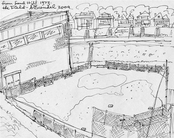 Drawing by Doug Brendel, 2009.
This is pretty much how it looked
in 1973 from the top of the hill.
Drawn from memory. Good job!