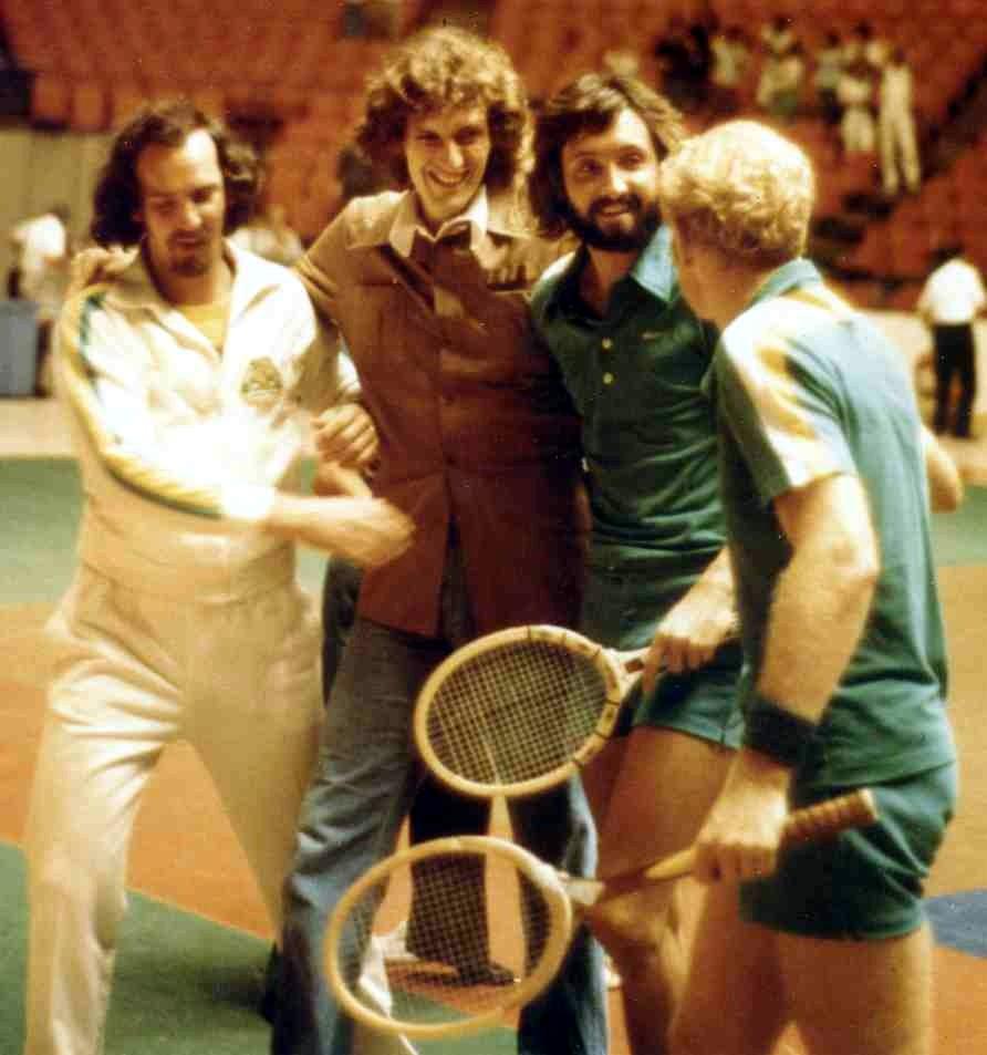 Coach McGibbeny with Paul Denny,
Bernie Mitton and Mark Cox in 1976.