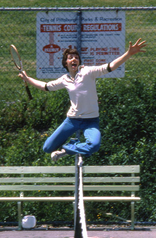 That's Doug Brendel taking
 a flying leap over the net on the new tennis courts