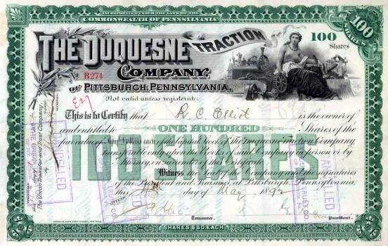 Rare Stock certificate - Duquesne Traction Company
