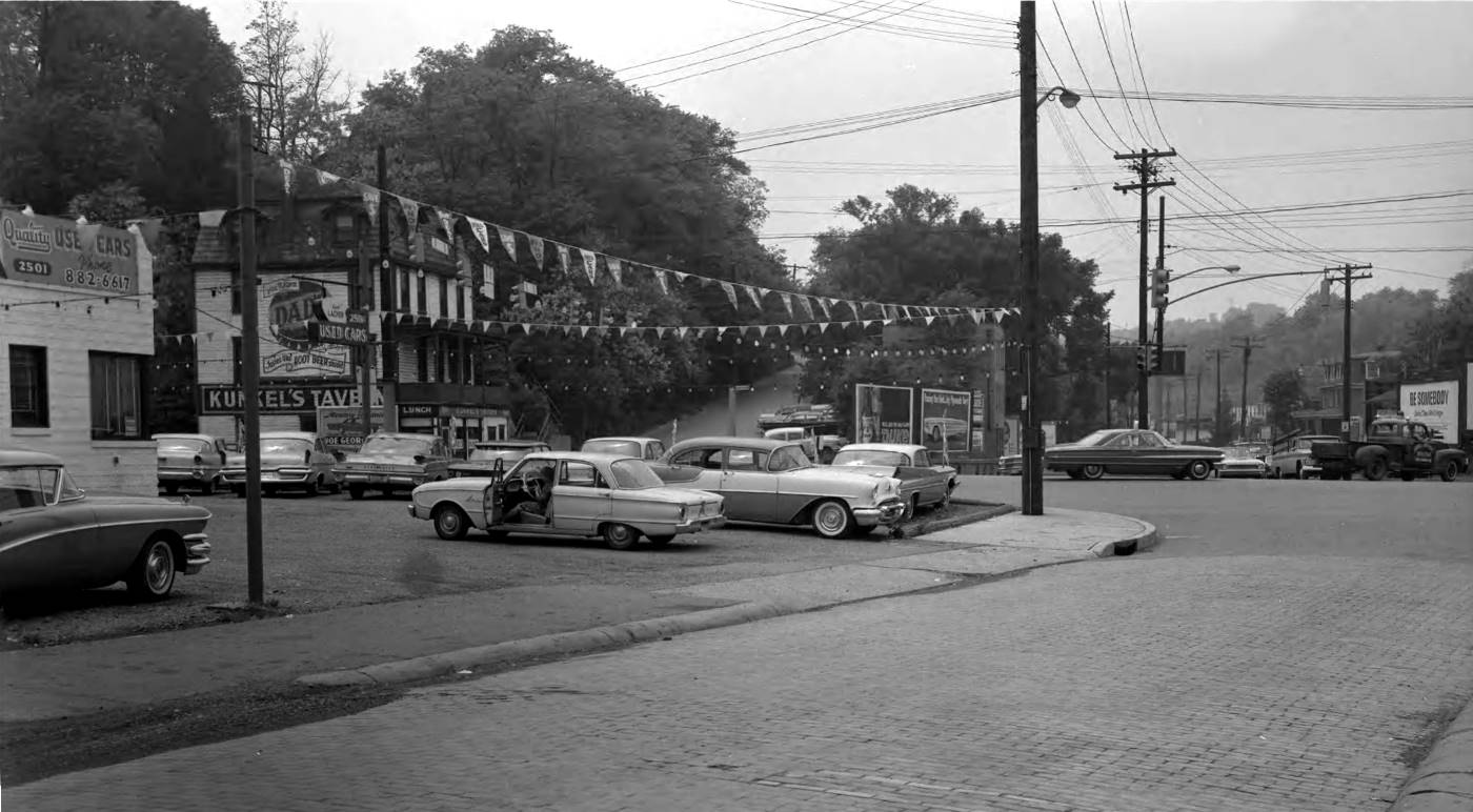 A used car dealership at 2501 Saw Mill Run Boulevard,
and Kunkel's Tavern on Hillview Street across the road - 5/24/65.