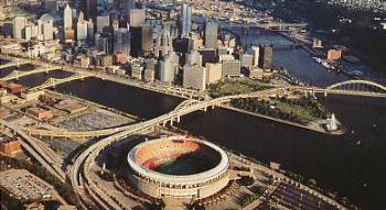Three Rivers Stadium and downtown Pittsburgh