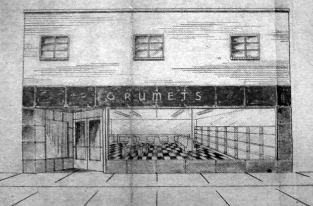 Grumet's Market - 1950. Artists conception
of new storefront proposed in January 1950.