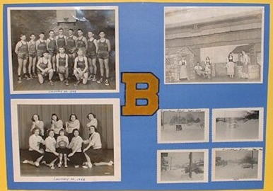 Photos showing the Varsity basketball
team, the Varsity cheerleaders,
a Varsity Letter, and school play.