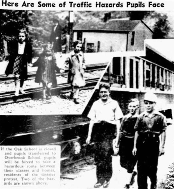 Children walking along the trolley tracks to school.